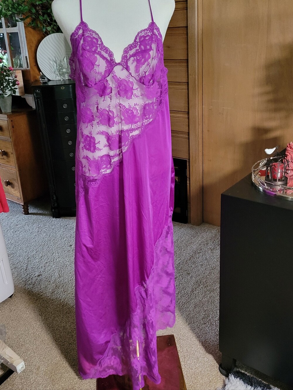 Vintage 70's Bob Mackie For Glydons Fuchsia Lace-Trim Satin Slip Nightgown